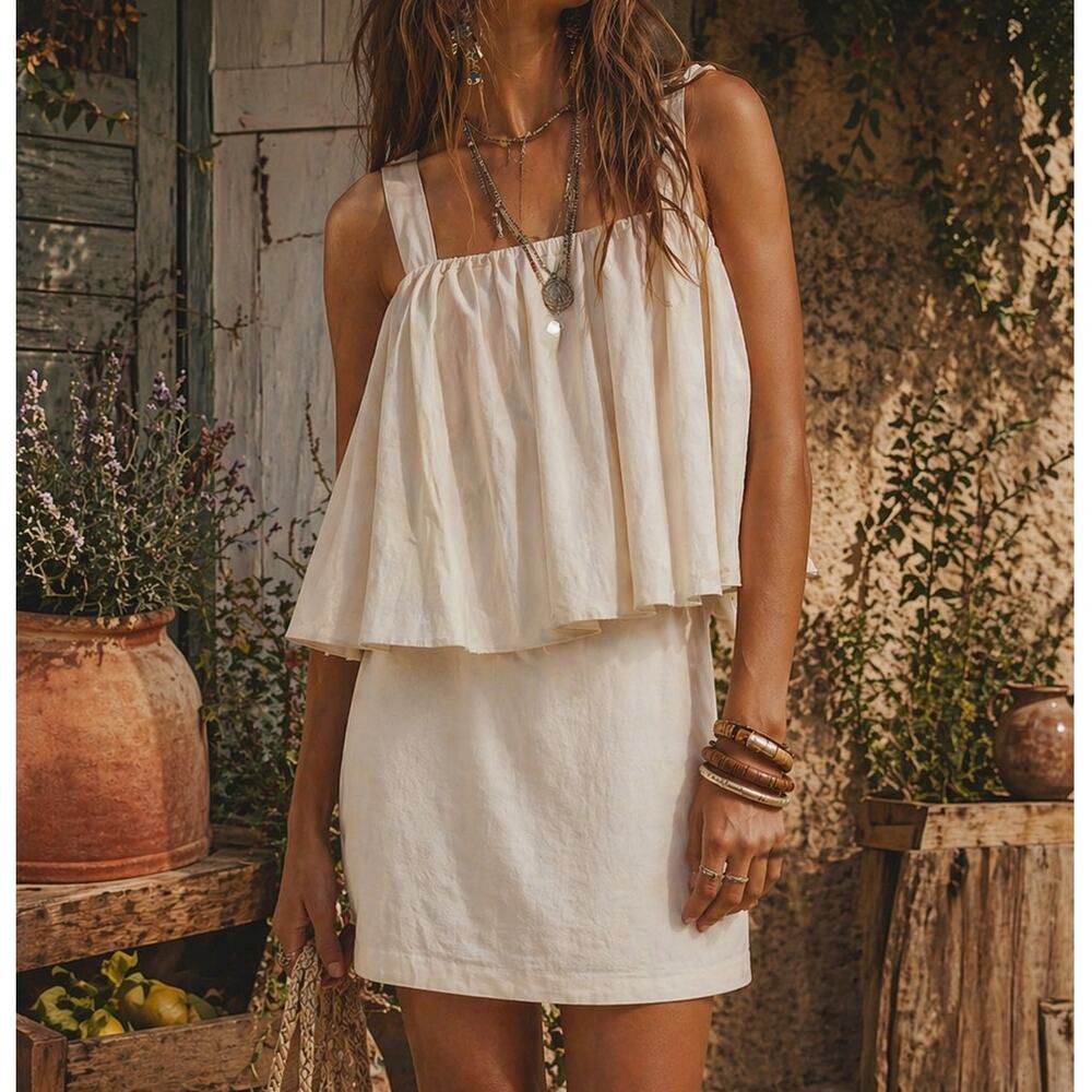 WHIT Anthropologie Boho Mini Dress Sleeveless Flowy Layered Babydoll Linen Silk